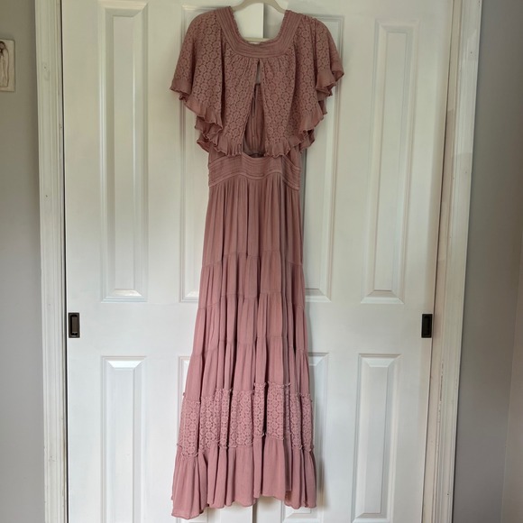 Free People Dusty Pink Cottagecore Boho Ruffle Tiered Maxi Dress Size L - Picture 12 of 15